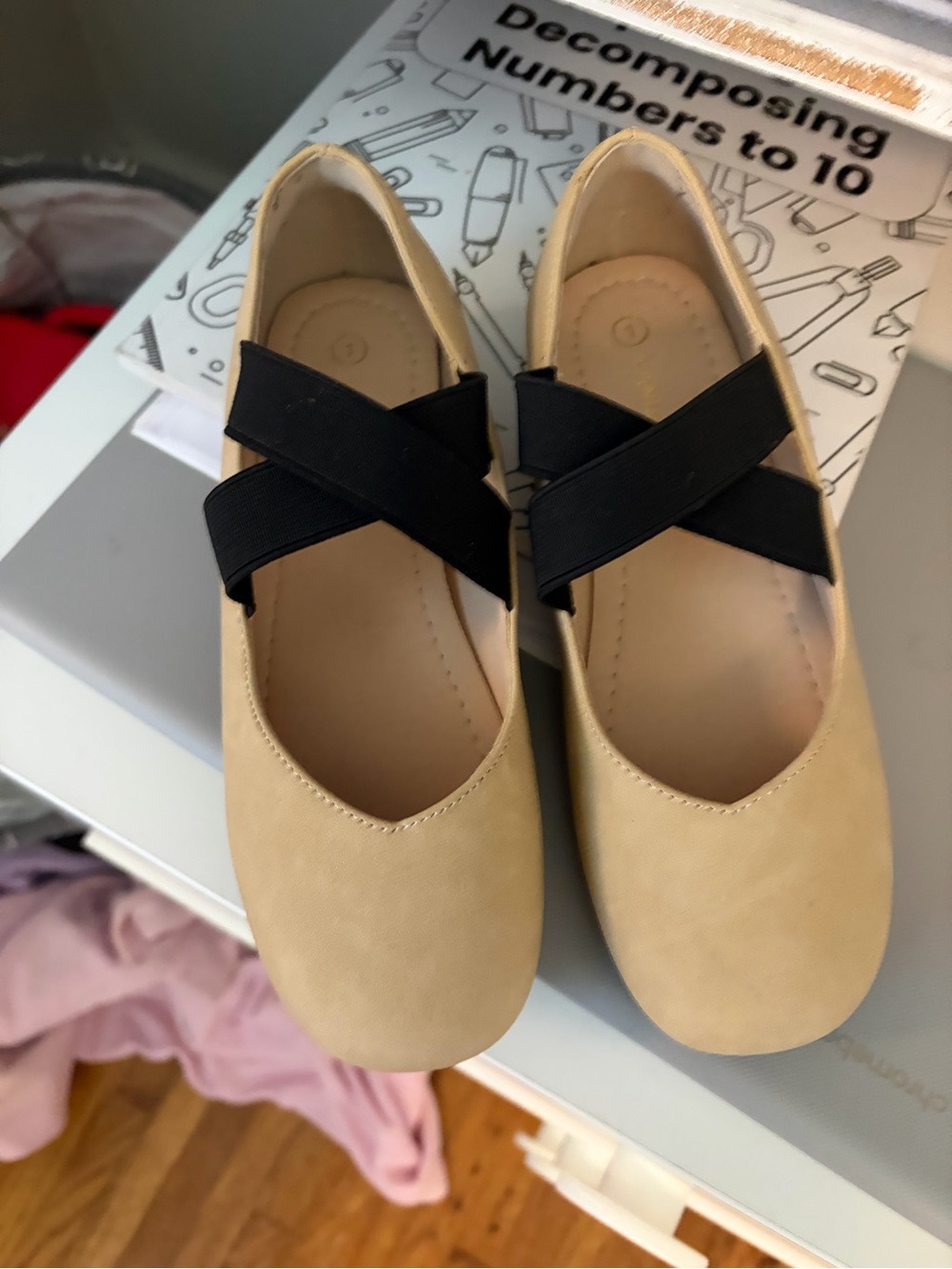 Women's Tan Ballet Flats with Black Elastic Cross Straps